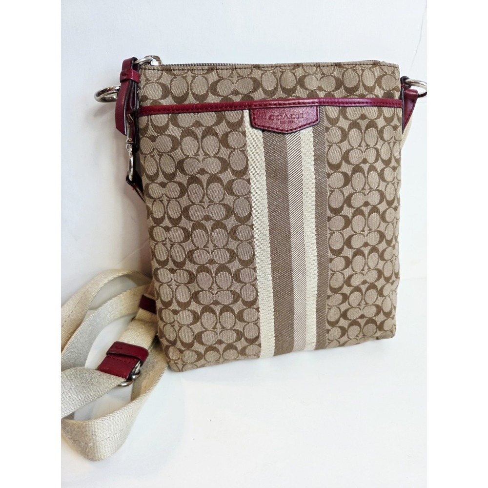 Coach Swingpack File Crossbody Bag‎ Purse Jacquard Dark Red Trim Stripe